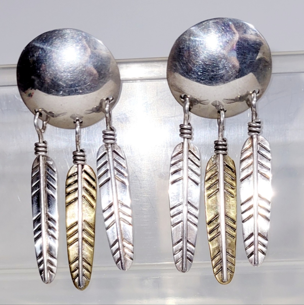 Native American Sterling Silver & Brass Dreamcatcher Feather 🪶 Post Earrings